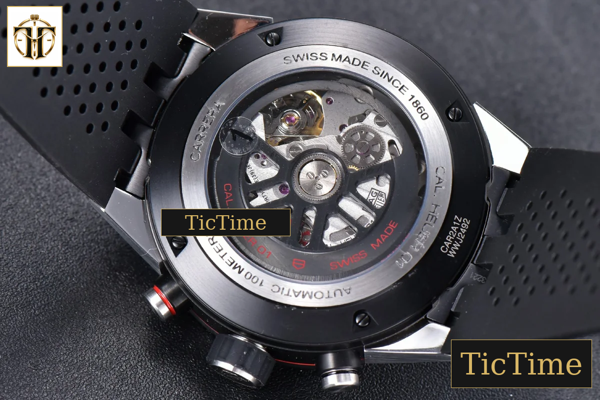 Calibre Heuer 01 Chrono 45mm XF PVD Skeleton Black Dial Red Hand Black Rubber Strap A1887 — foto 15