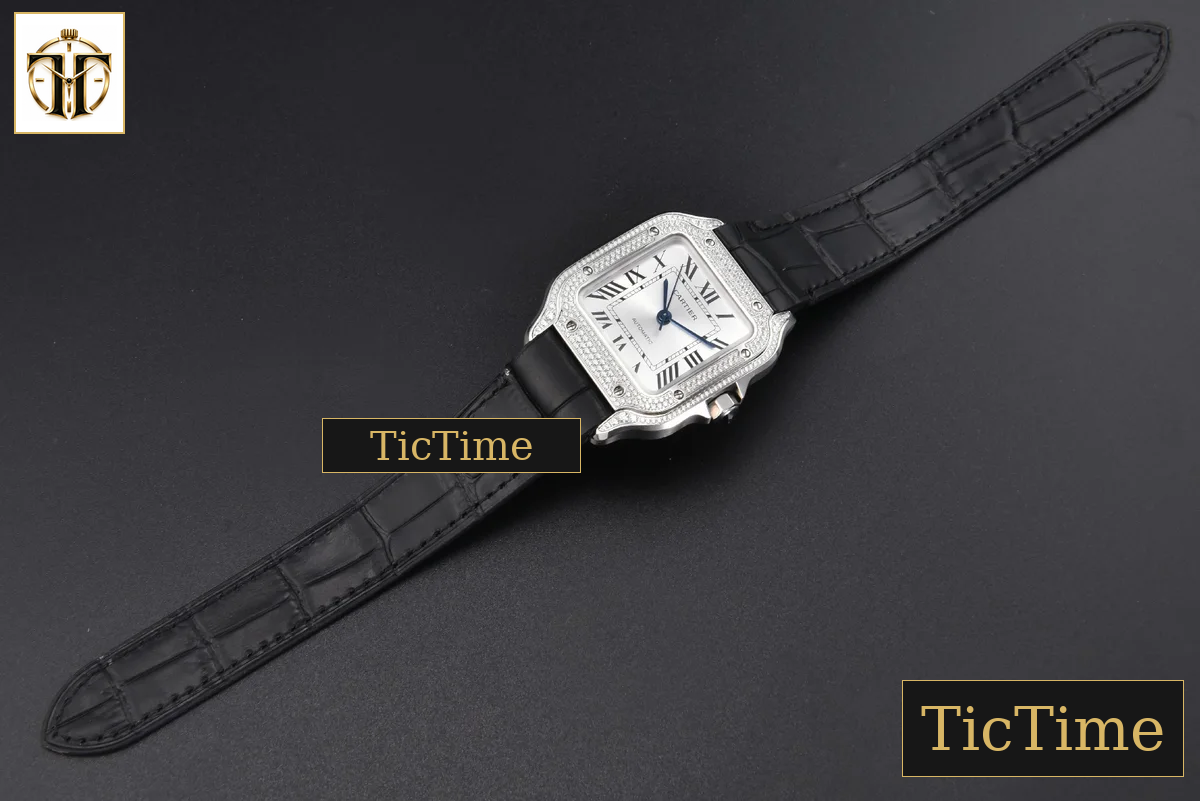Santos de Cartier Medium 35mm AF SS White Dial Diamond Bezel Black Leather Strap Miyota 9015 — foto 31