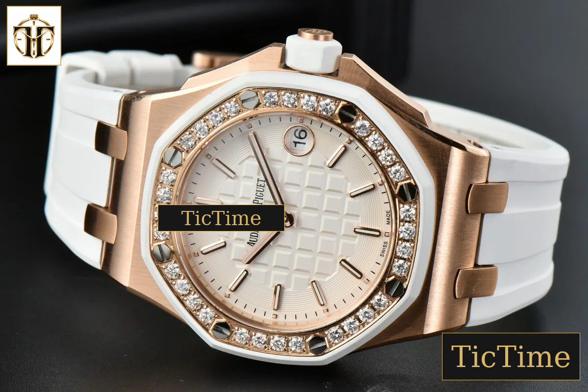 Royal Oak Offshore Ladies 33mm RXWF RG Moissanite White Dial Diamonds Bezel White Rubber Strap Swiss Quartz — foto 11