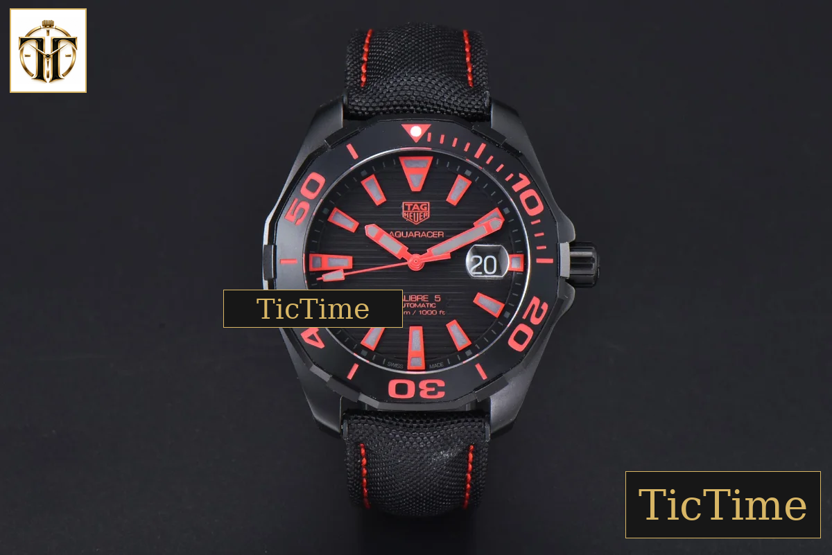 Aquaracer Calibre 5 43mm OF Ceramic Black Red Hand Dial Black Nylon Strap SW200 — foto 2