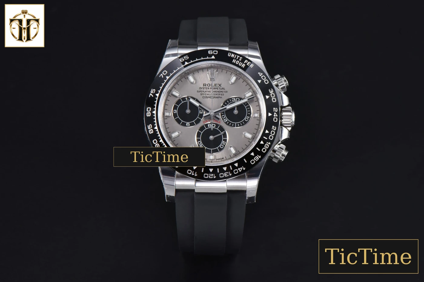 Vista frontal — Daytona 904L 116519 40mm VSF Gray Black Subdial Oysterflex Strap DD4130