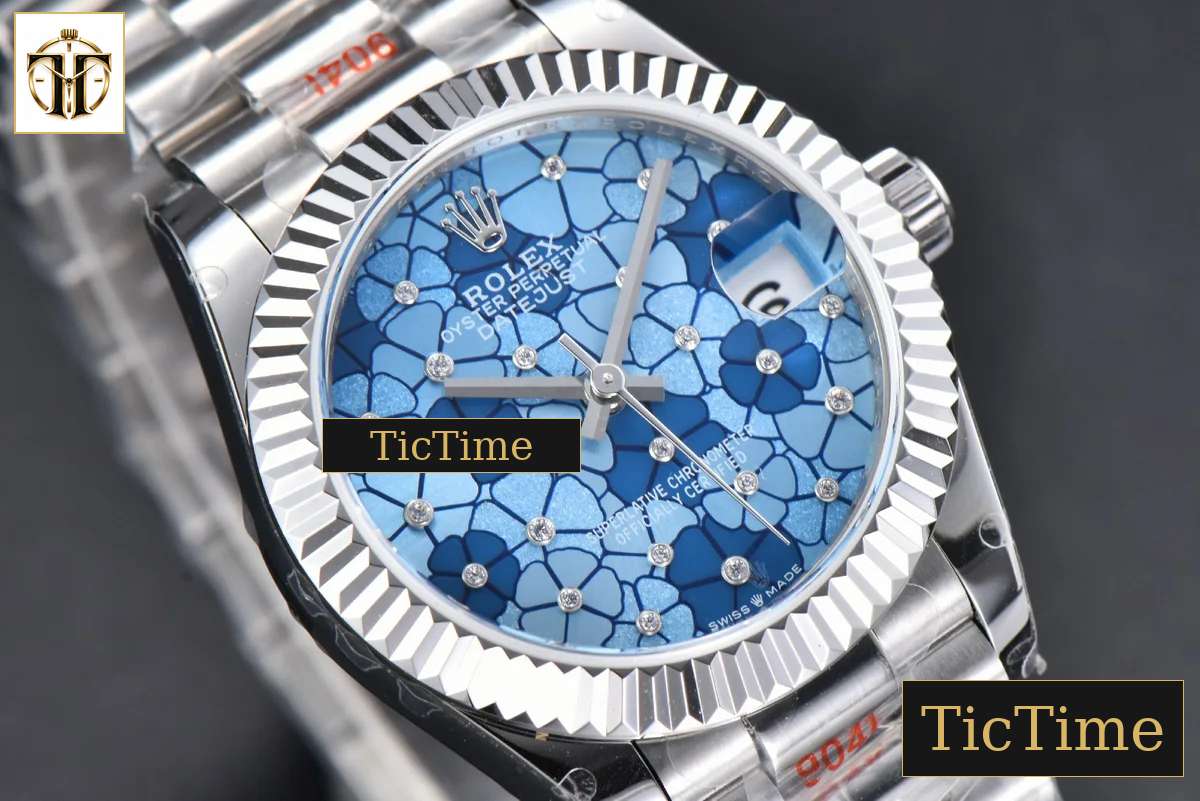 DateJust 904L Fluted Bezel 31mm GMF Blue Flowers Dial President Bracelet A2824 — foto 13