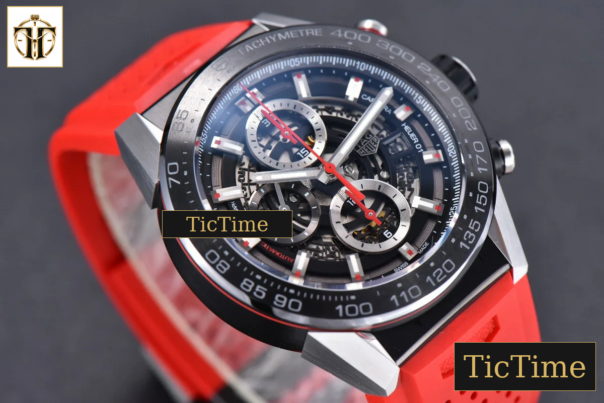 Calibre Heuer 01 Chrono 45mm XF Skeleton Dial Red Hand Red Rubber Strap A1887 — foto 11