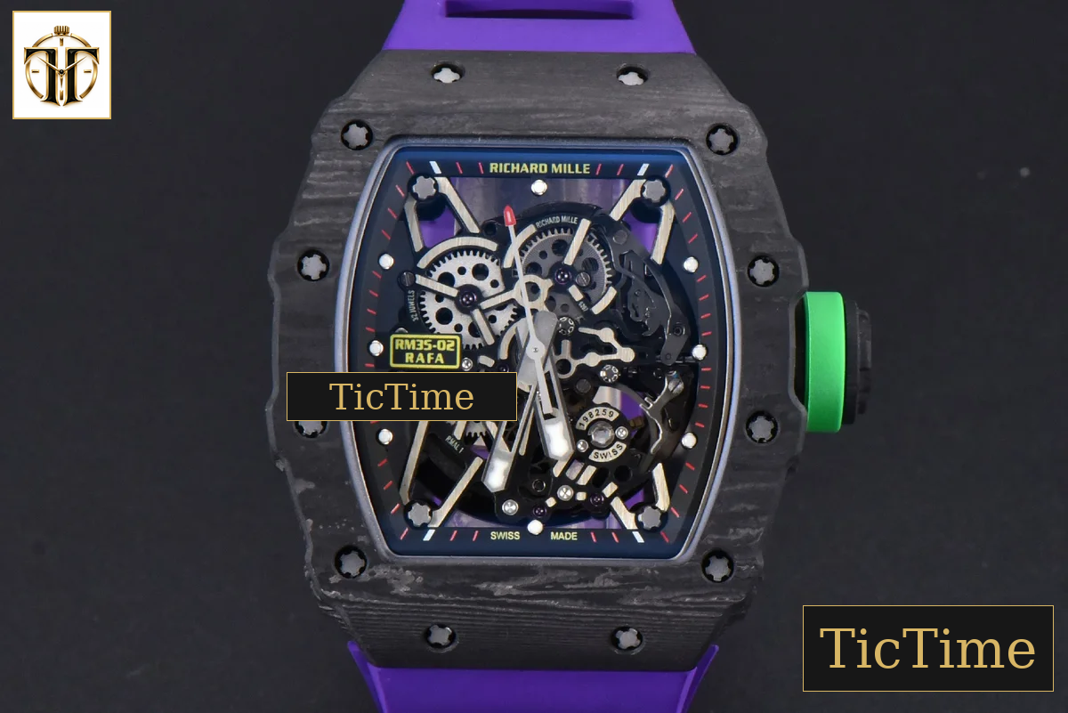 RM035-02 42mm T+F Black Forged Carbon Skeleton Dial Green Crown Purple Rubber Strap RMUL2 — foto 2