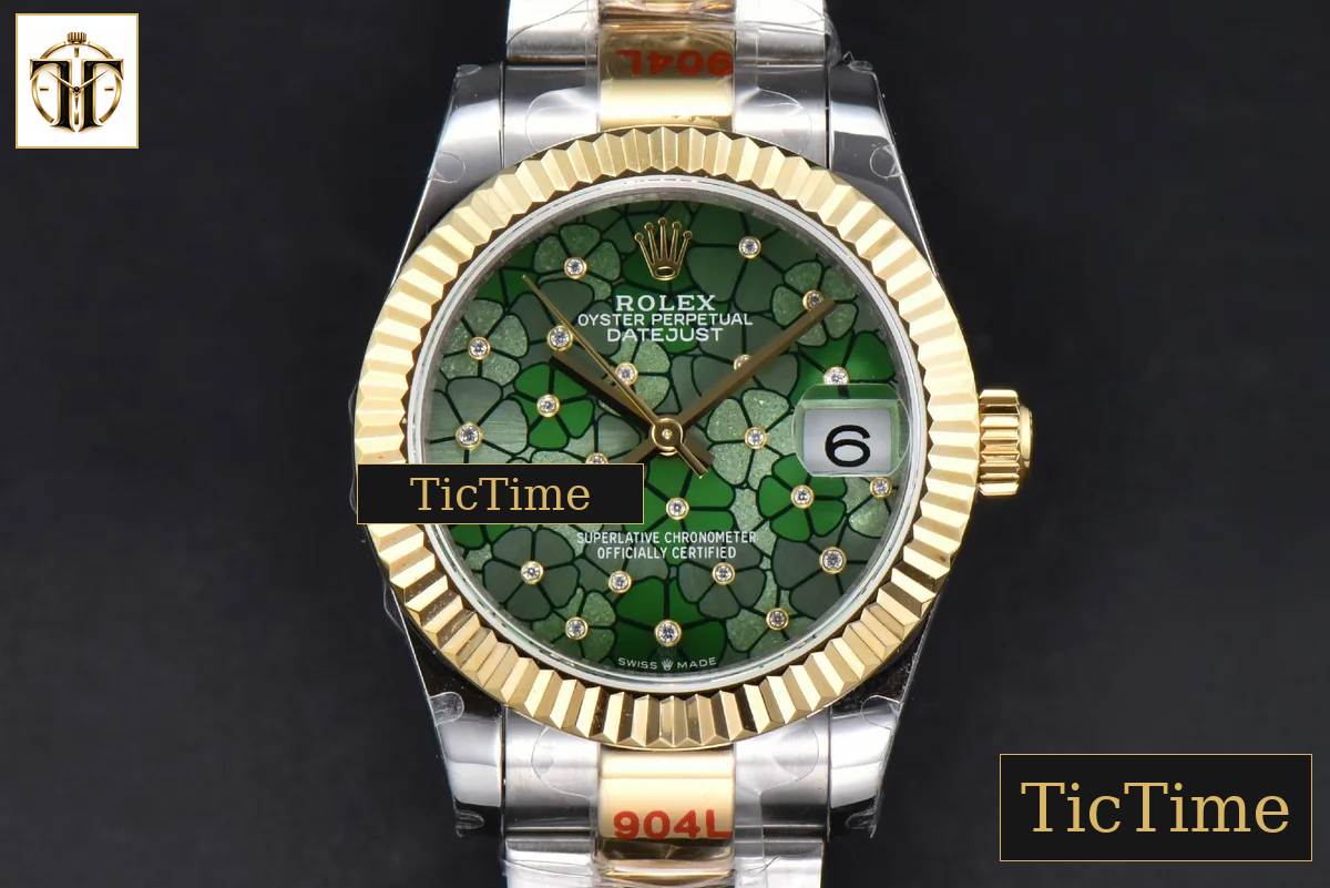 DateJust 904L 31mm GMF YG Fluted Bezel Green Flowers Dial Oyster Bracelet A2824 — foto 2