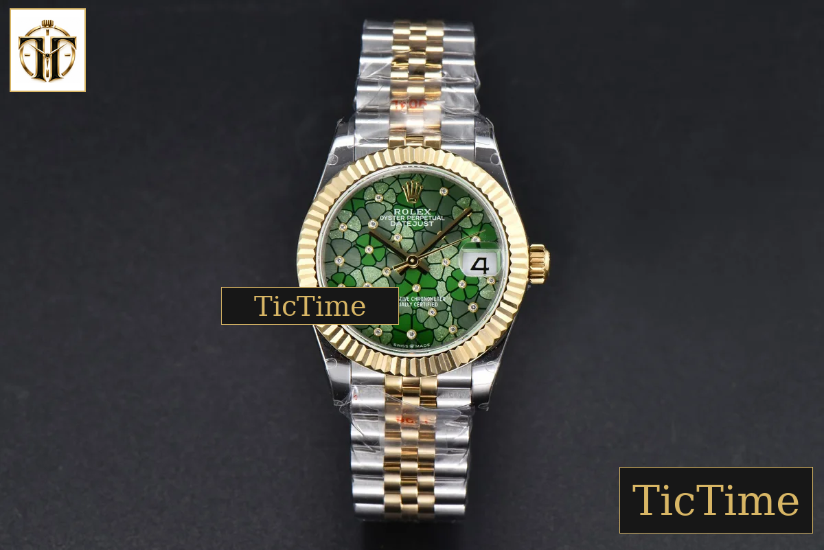 DateJust 904L 31mm GMF YG Fluted Bezel Green Flowers Dial Jubilee Bracelet A2824 — foto 3