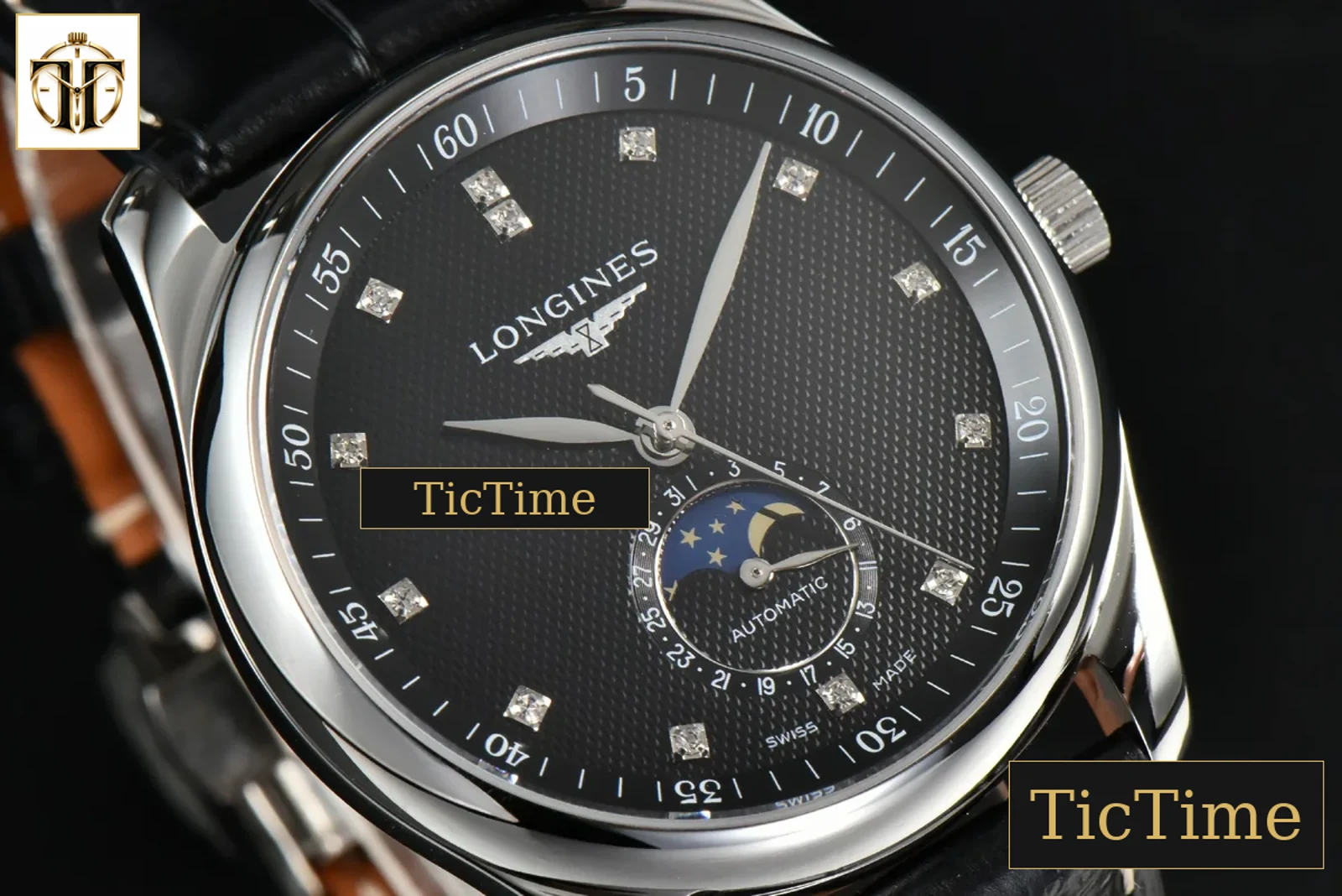 Master Moonphase 40mm GF Black Dial Diamond Marker Black Leather Strap A899 — foto 10
