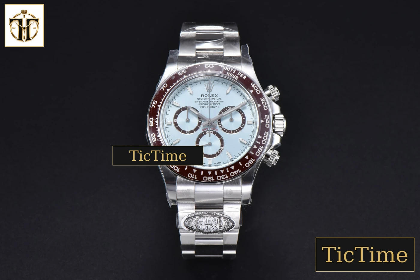 Vista frontal — Daytona 126506 40mm Clean Factory Ice Blue Dial Lume Markers SS Bracelet DD4131