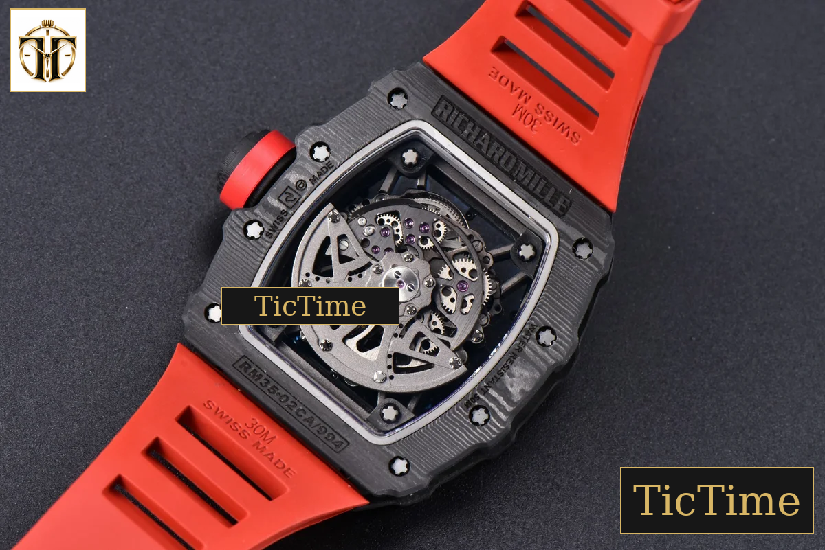 RM035-02 42mm T+F Black Forged Carbon Skeleton Dial Red Crown Red Rubber Strap RMUL2 — foto 26