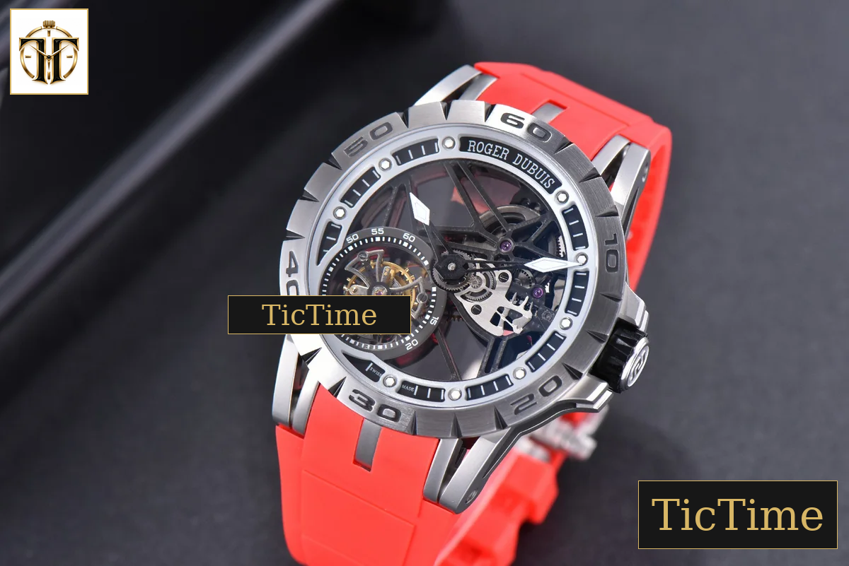 Excalibur Sports Tourbillon 46mm JBF Titanium Skeleton Dial Black Crown Red Rubber Strap — foto 5