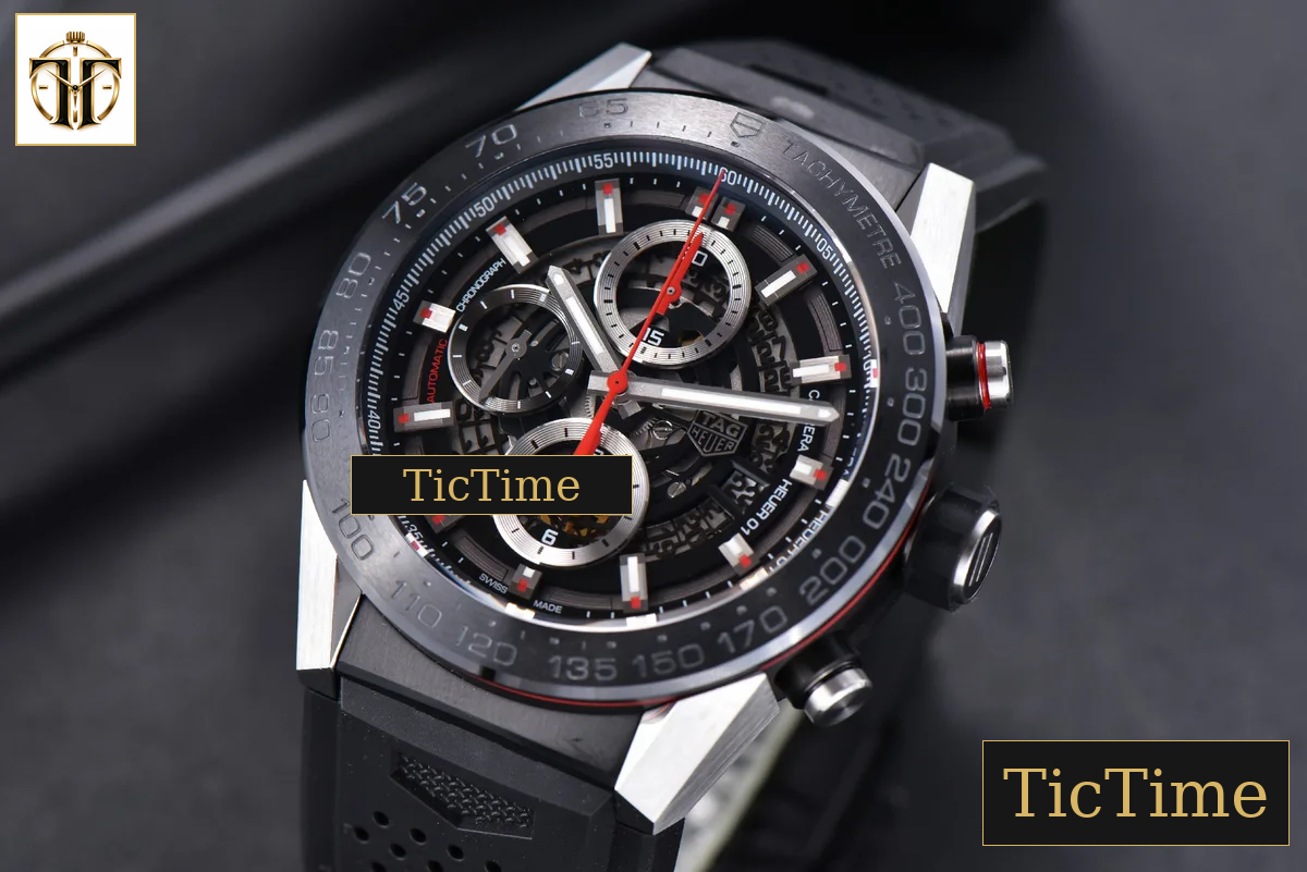 Calibre Heuer 01 Chrono 45mm XF PVD Skeleton Black Dial Red Hand Black Rubber Strap A1887 — foto 5