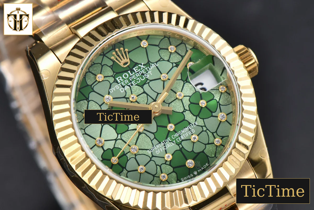 DateJust 904L 31mm GMF YG Fluted Bezel Green Flowers Dial President Bracelet A2824 — foto 13