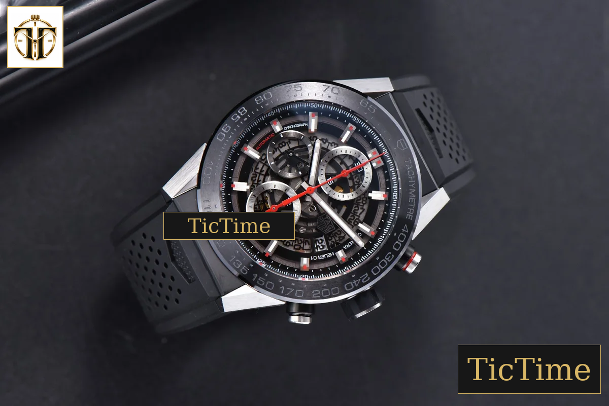 Calibre Heuer 01 Chrono 45mm XF PVD Skeleton Black Dial Red Hand Black Rubber Strap A1887 — foto 4