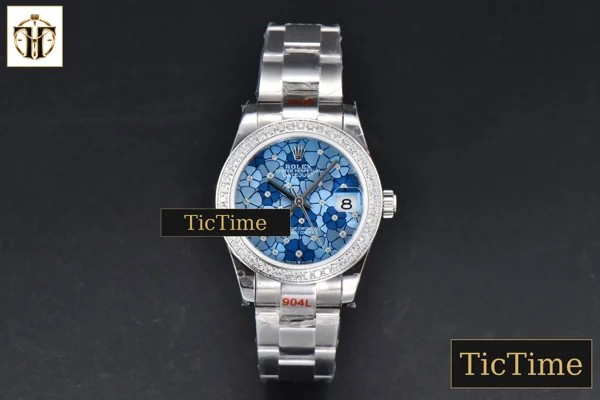 Foto frontal — DateJust 904L 31mm GMF Diamond Bezel Blue Flowers Dial Oyster Bracelet A2824