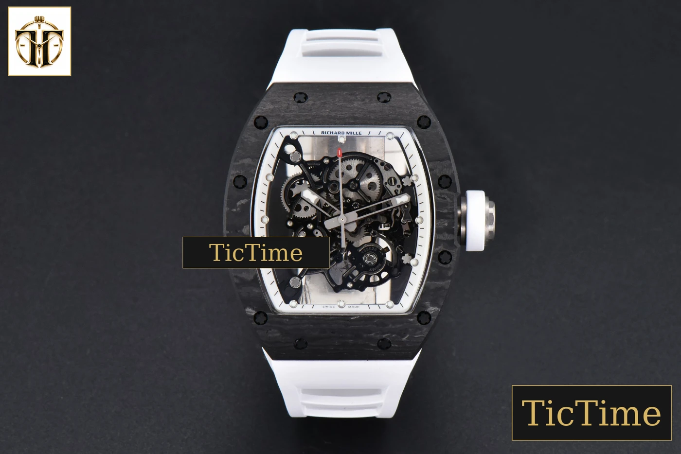 Vista frontal — NTPT RM055 42.7mm BBRF White Skeleton Dial White Rubber Strap RMUL2