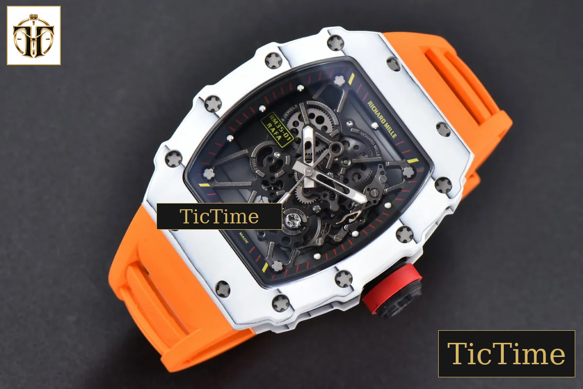 RM035-02 42mm T+F White Forged Carbon Skeleton Dial Red Crown Orange Rubber Strap RMUL2 — foto 4