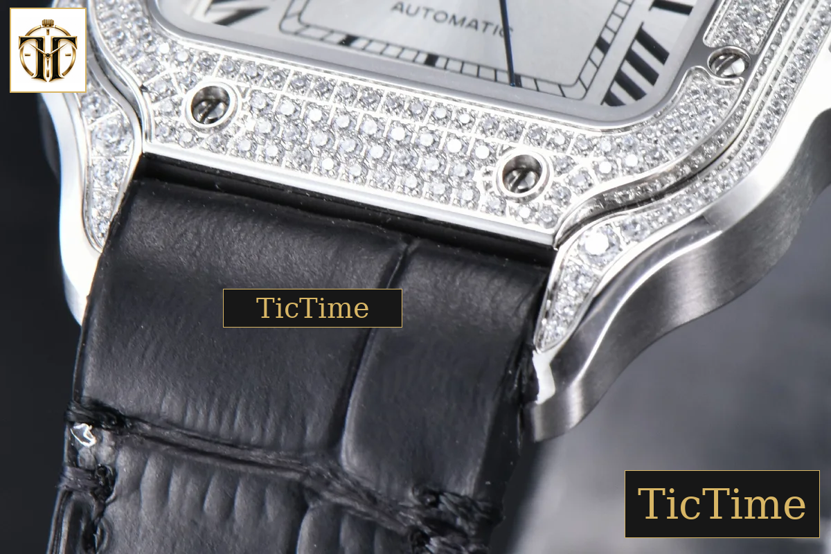 Santos de Cartier Medium 35mm AF SS White Dial Diamond Bezel Black Leather Strap Miyota 9015 — foto 8