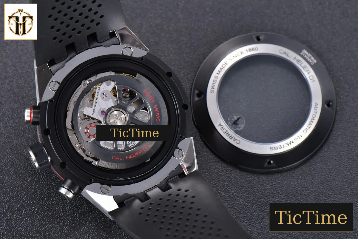 Calibre Heuer 01 Chrono 45mm XF PVD Skeleton Black Dial Red Hand Black Rubber Strap A1887 — foto 17