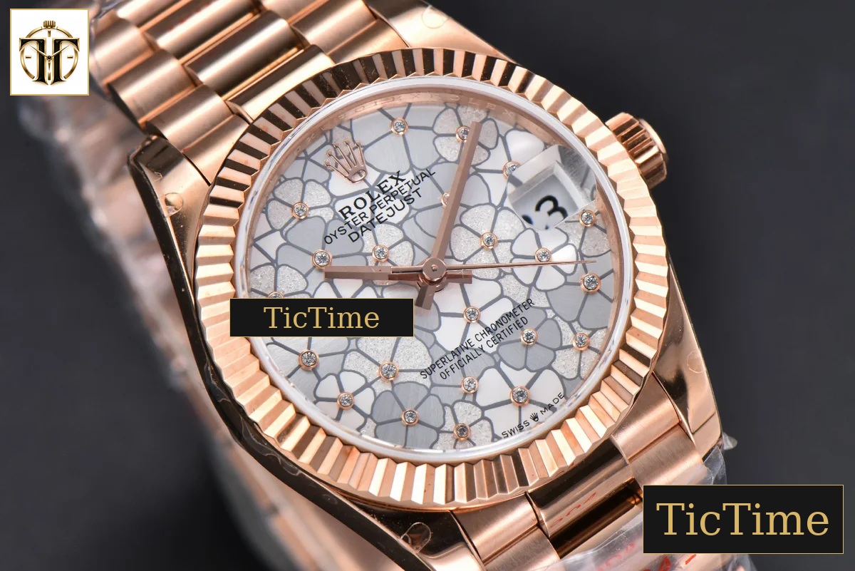 DateJust 904L 31mm GMF RG Fluted Bezel Silver Flowers Dial President Bracelet A2824 — foto 13
