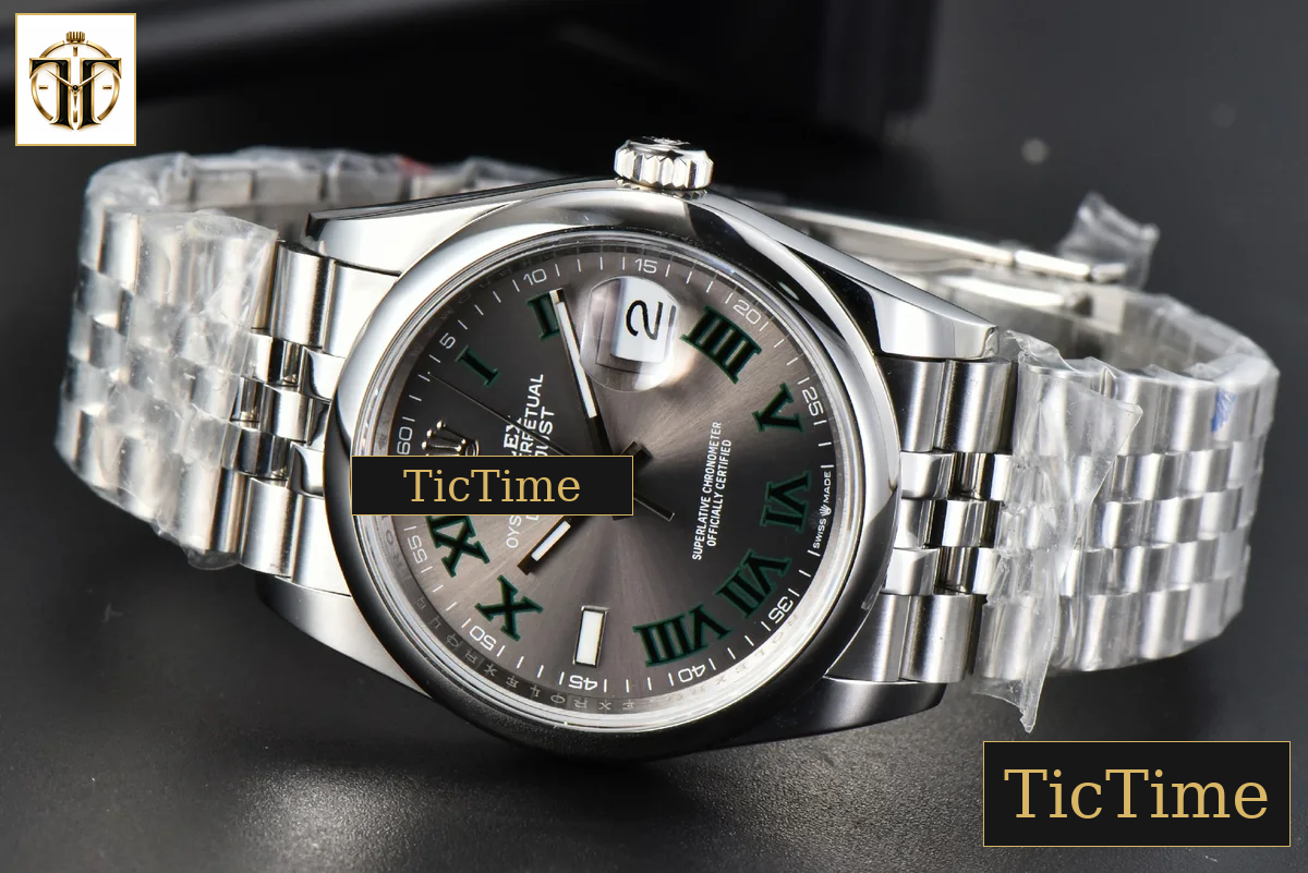 DateJust Smooth Bezel Wimbledon 36mm BPF Gray Dial Green Roma Marker Jubilee Bracelet A2824 — foto 16