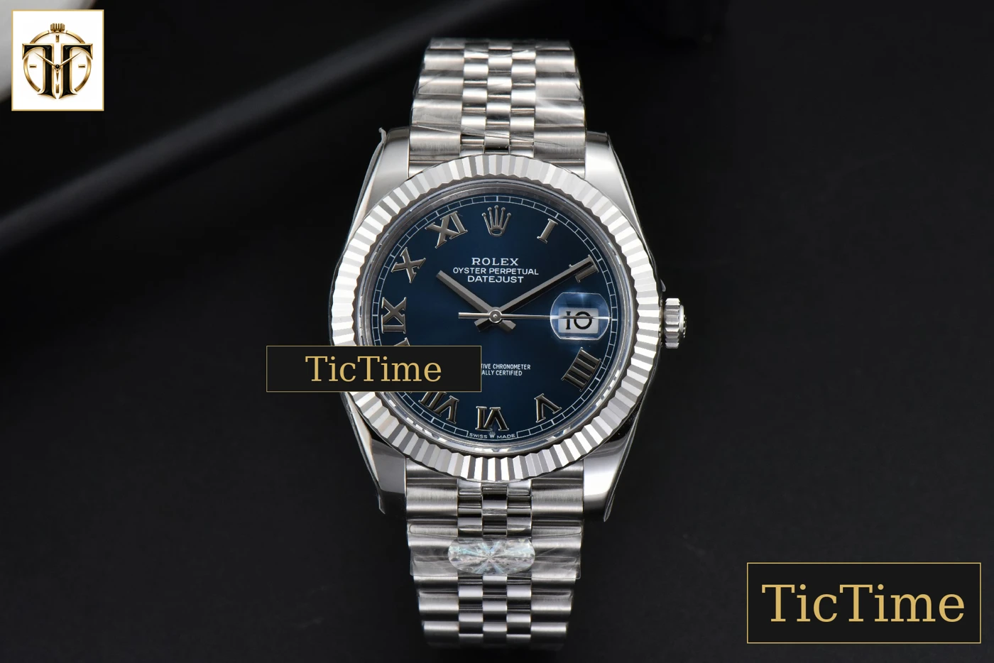 Vista frontal — DateJust 904L Fluted Bezel 126334 41mm ARF Blue Dial Roma Marker Jubilee Bracelet 2824