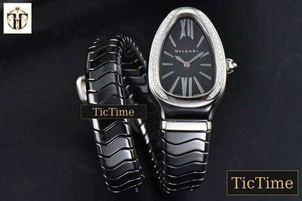 Foto frontal — Serpenti Spiga 35mm BVF SS Black Ceramic Black Dial Diamond Bezel Quartz