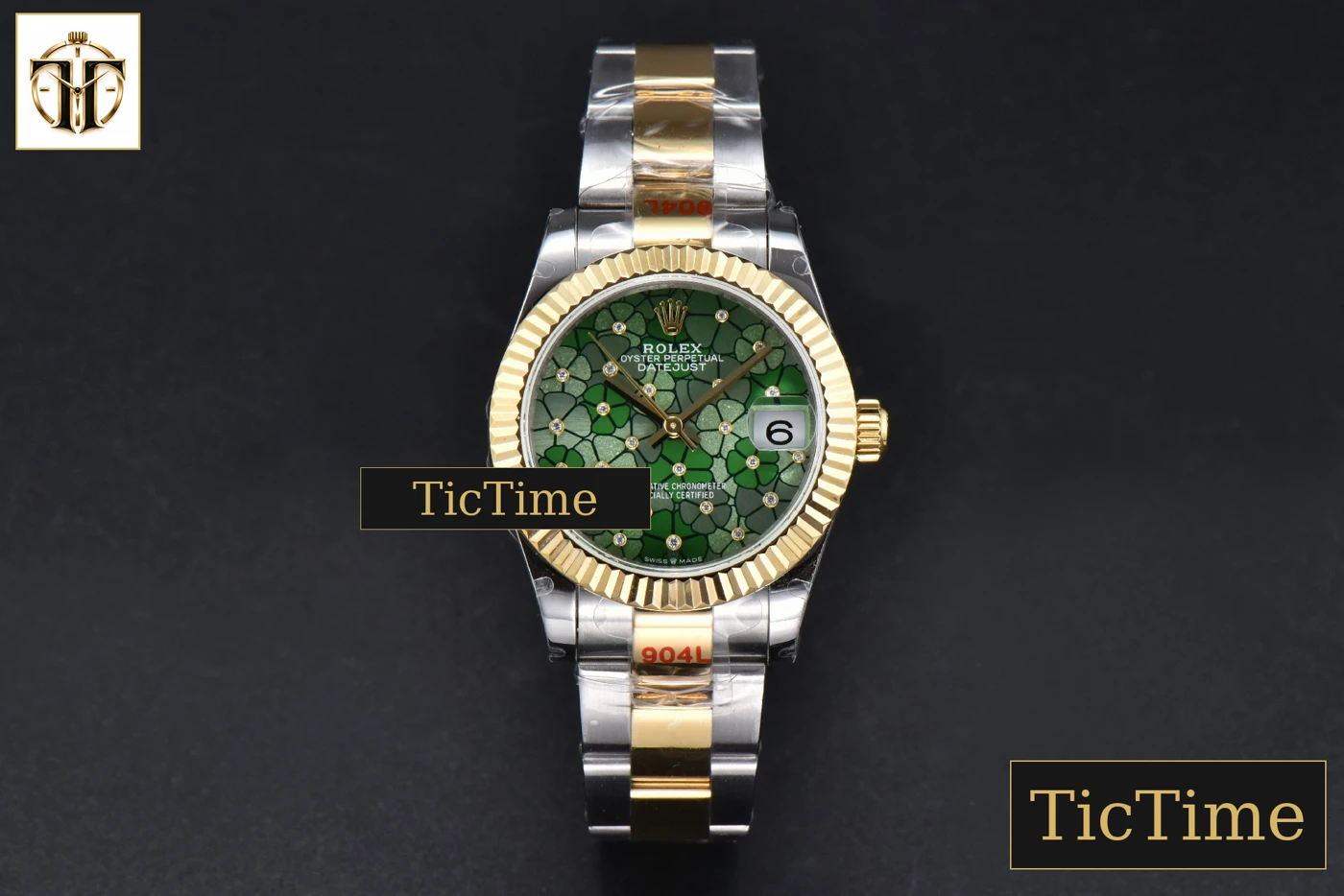 Vista frontal — DateJust 904L 31mm GMF YG Fluted Bezel Green Flowers Dial Oyster Bracelet A2824
