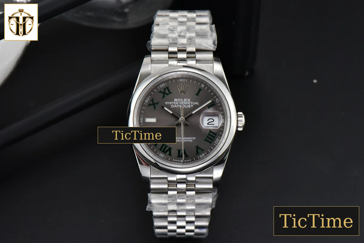 DateJust Smooth Bezel Wimbledon 36mm BPF Gray Dial Green Roma Marker Jubilee Bracelet A2824 — foto 3