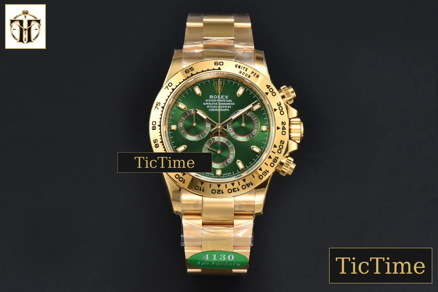 Vista frontal — Daytona 116508 APSF YG Green Dial Lume Marker YG Bracelet SH4130