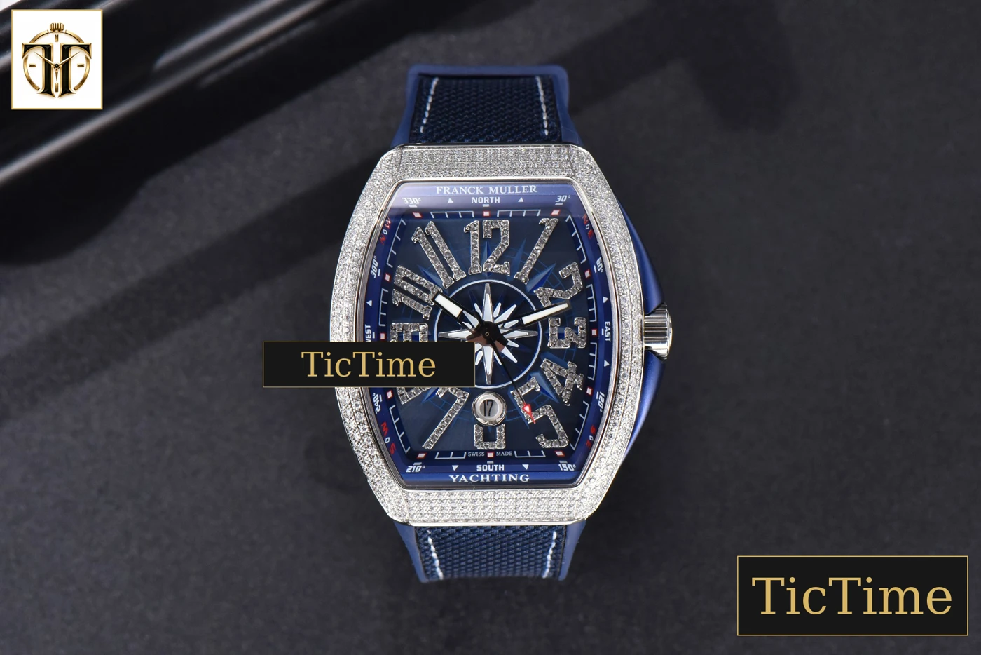 Vista frontal — Vanguard V45 ZF SS Full Diamonds Blue Textured Dial Blue Rubber Strap Miyota 9015