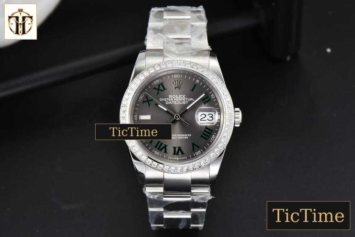 DateJust 36mm BPF Diamond Wimbledon Gray Dial Green Roma Marker Oyster Bracelet A2824 — foto 3
