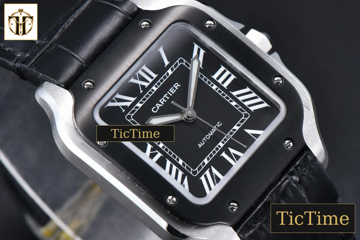 Santos de Cartier Medium 35mm AF SS Black Dial Black Bezel Black Leather Strap Miyota 9015 — foto 10