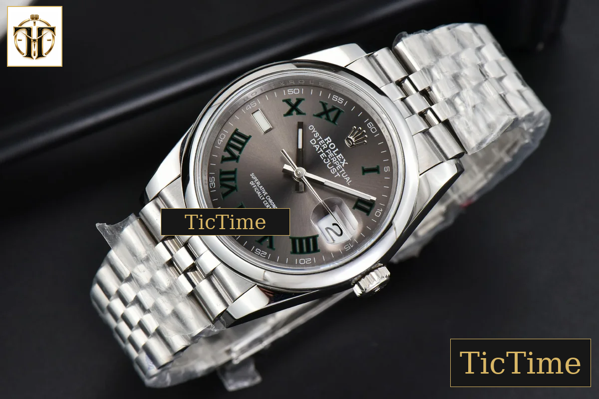 DateJust Smooth Bezel Wimbledon 36mm BPF Gray Dial Green Roma Marker Jubilee Bracelet A2824 — foto 15
