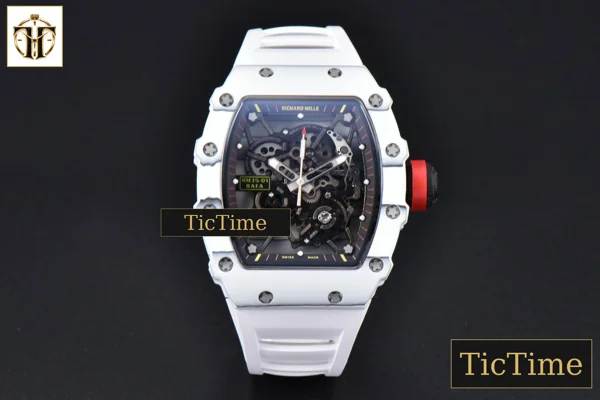 Foto frontal — RM035-02 42mm T+F White Forged Carbon Skeleton Dial Red Crown White Rubber Strap RMUL2