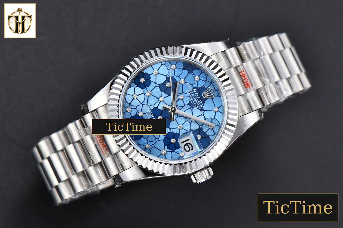 DateJust 904L Fluted Bezel 31mm GMF Blue Flowers Dial President Bracelet A2824 — foto 4