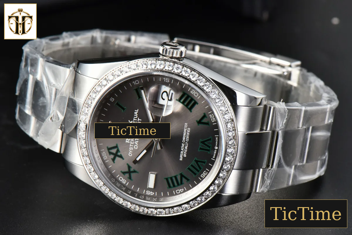 DateJust 36mm BPF Diamond Wimbledon Gray Dial Green Roma Marker Oyster Bracelet A2824 — foto 16