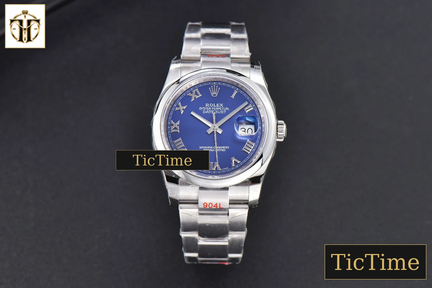 Vista frontal — DateJust 36mm GMF SS Smooth Bezel Blue Dial Roma Marker Oyster Bracelet VR3235