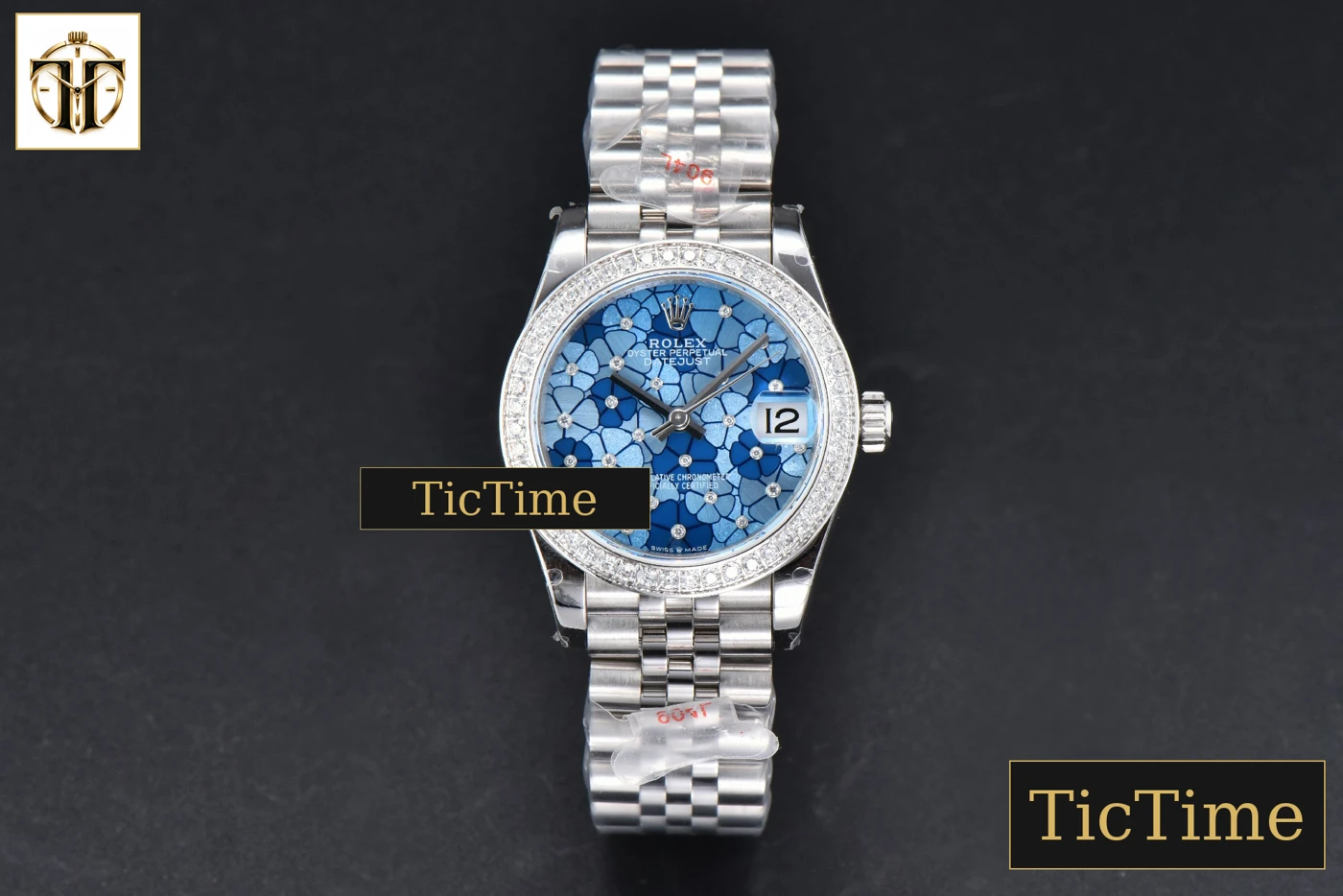 Vista frontal — DateJust 904L 31mm GMF Diamond Bezel Blue Flowers Dial Jubilee Bracelet A2824