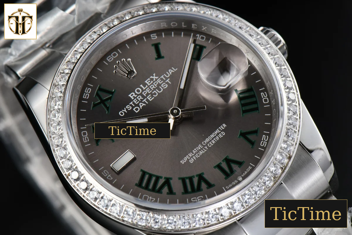 DateJust 36mm BPF Diamond Wimbledon Gray Dial Green Roma Marker Oyster Bracelet A2824 — foto 11