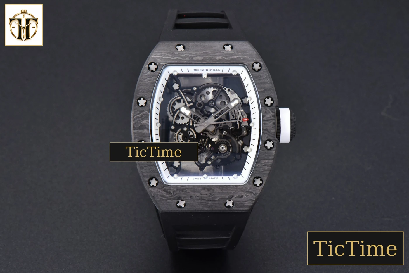 Vista frontal — NTPT RM055 42mm RMF White Skeleton Dial Black Rubber Strap RMUL2