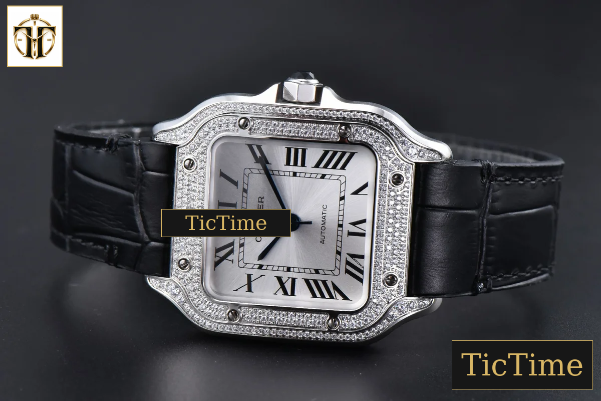 Santos de Cartier Medium 35mm AF SS White Dial Diamond Bezel Black Leather Strap Miyota 9015 — foto 11