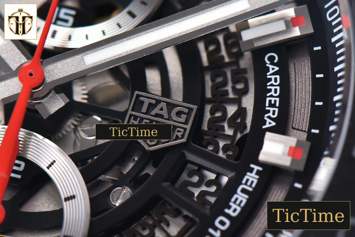 Calibre Heuer 01 Chrono 45mm XF PVD Skeleton Black Dial Red Hand Black Rubber Strap A1887 — foto 9