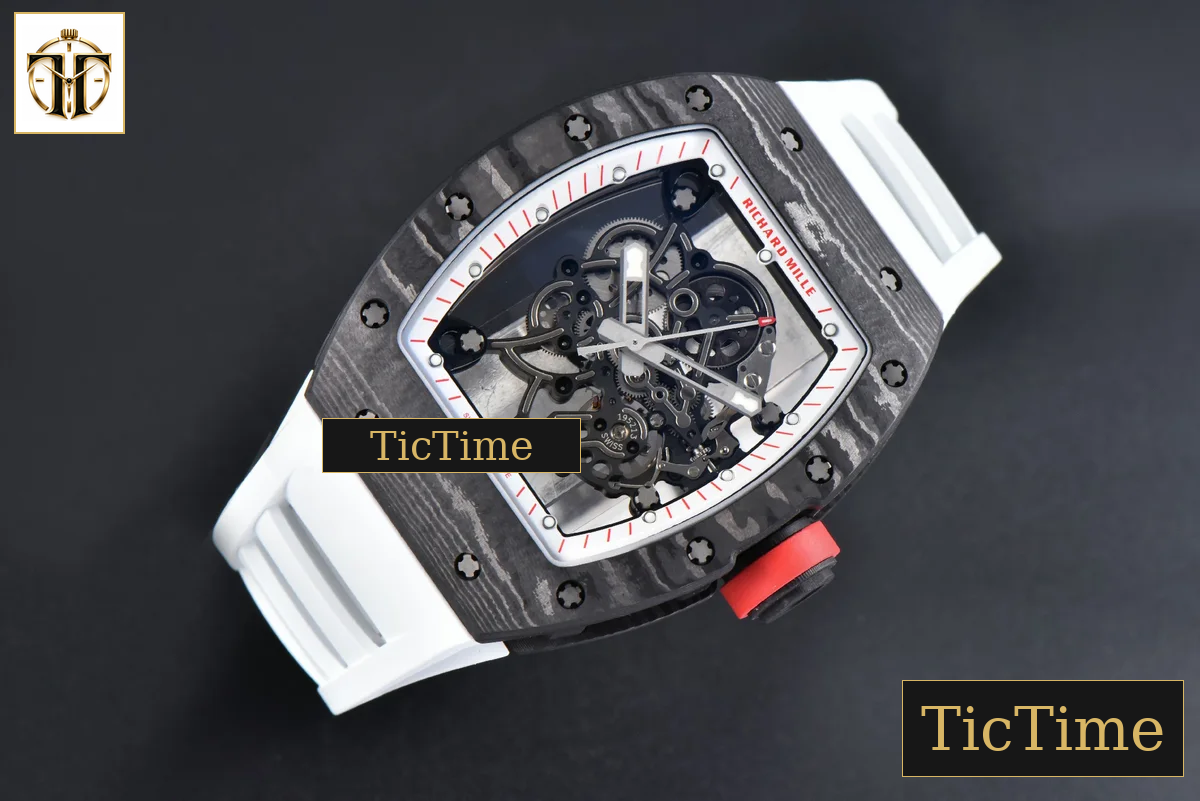 RM055 42.7mm APSF White Skeleton Dial Black Bezel Red Crown White Rubber Strap RMUL2 — foto 3