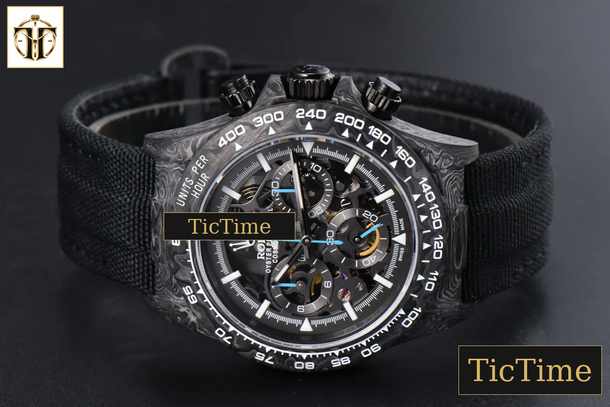 Daytona Montoya Carbon Fiber 40mm DIWF Skeleton Dial Blue Hand Black Nylon Strap 4130 — foto 19