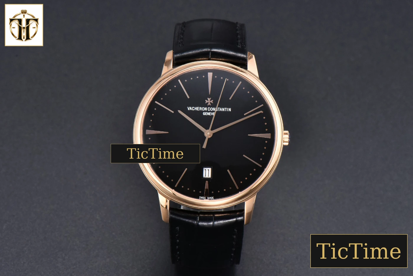 Vista frontal — Patrimony Date 40mm ZF RG Black Dial Black Leather Strap Miyota 9015