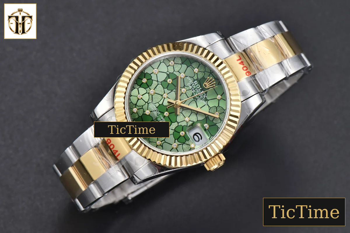 DateJust 904L 31mm GMF YG Fluted Bezel Green Flowers Dial Oyster Bracelet A2824 — foto 4