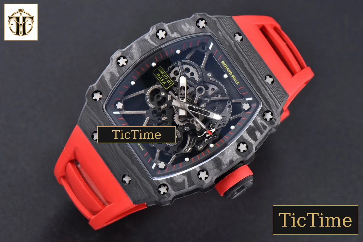RM035-02 42mm T+F Black Forged Carbon Skeleton Dial Red Crown Red Rubber Strap RMUL2 — foto 4