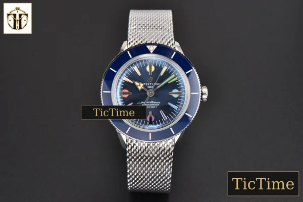 Foto frontal — SuperOcean Heritage 42mm GF SS Blue Ceramic Blue Dial Rainbow Marker Mesh Bracelet A2824