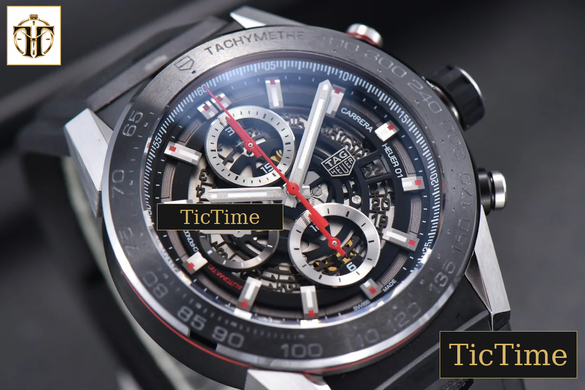 Calibre Heuer 01 Chrono 45mm XF PVD Skeleton Black Dial Red Hand Black Rubber Strap A1887 — foto 11