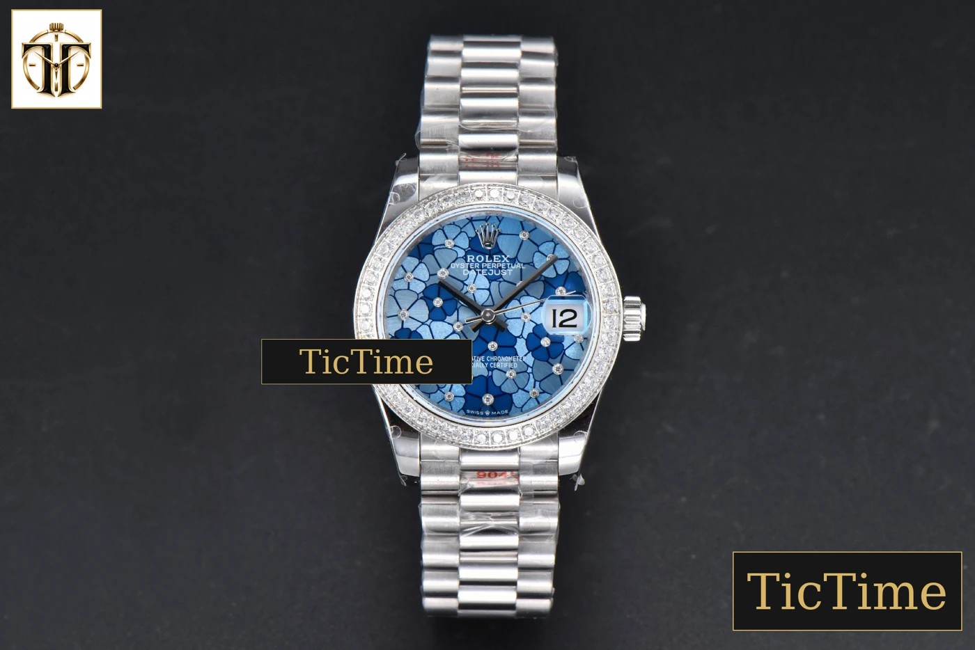 Vista frontal — DateJust 904L 31mm GMF Diamond Bezel Blue Flowers Dial President Bracelet A2824